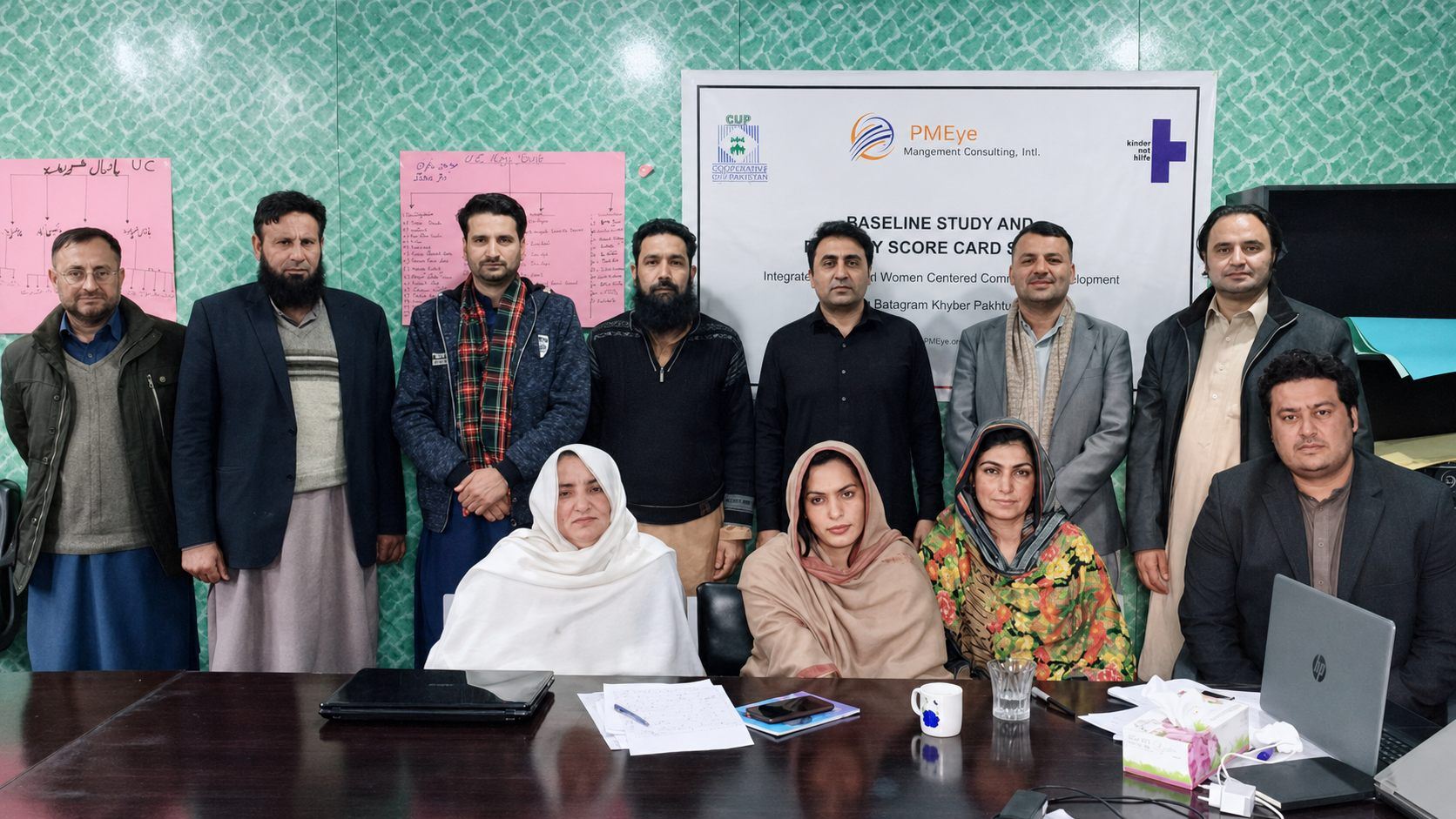 PMEye, CUP and Kindernothilfe team assembled at the launch of the baseline study and community score card survey in Batagram