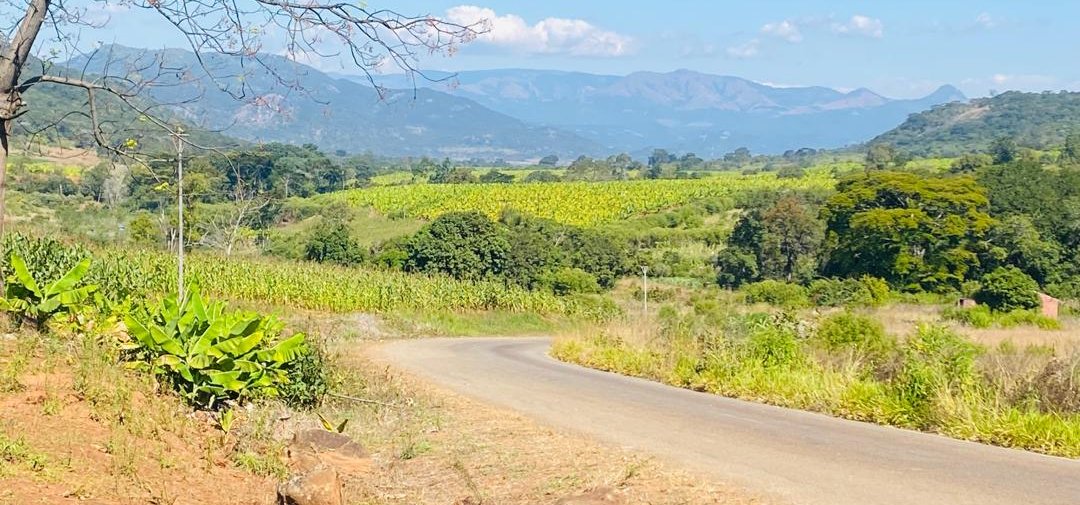 Banana and maize plantations spread across a valley below mountains in Manicaland province, Zimbabwe, with a tarred road curving through